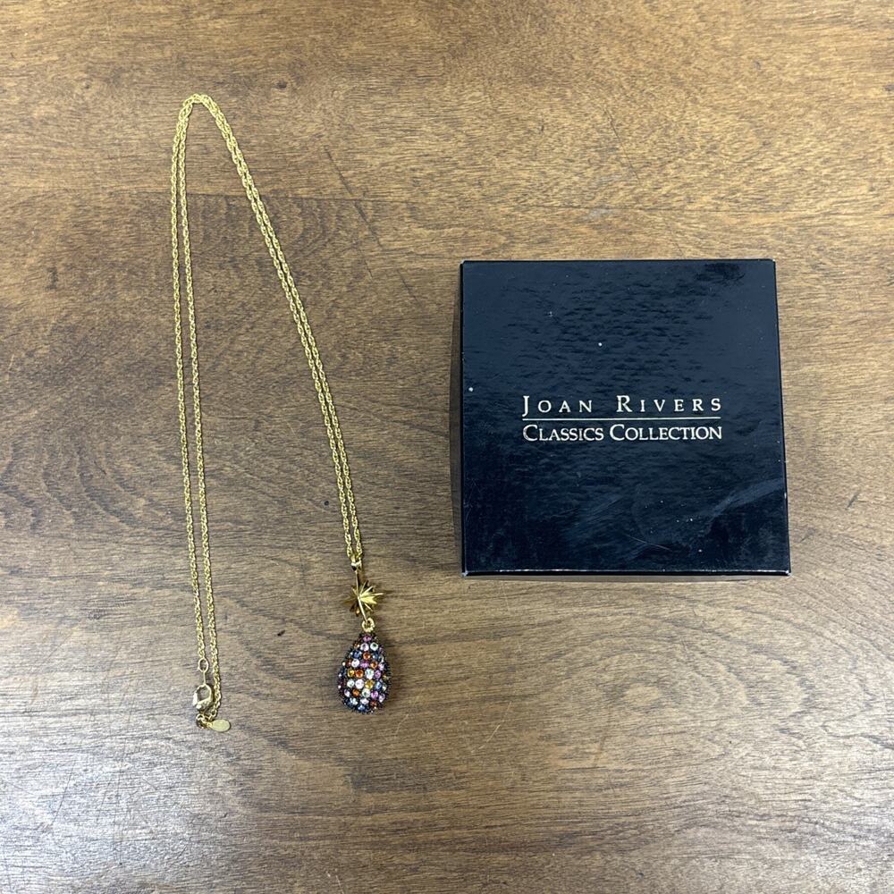 Vintage Necklace Joan Rivers Egg Pendant Teardrop Pave Pink Red Crystals 30inch